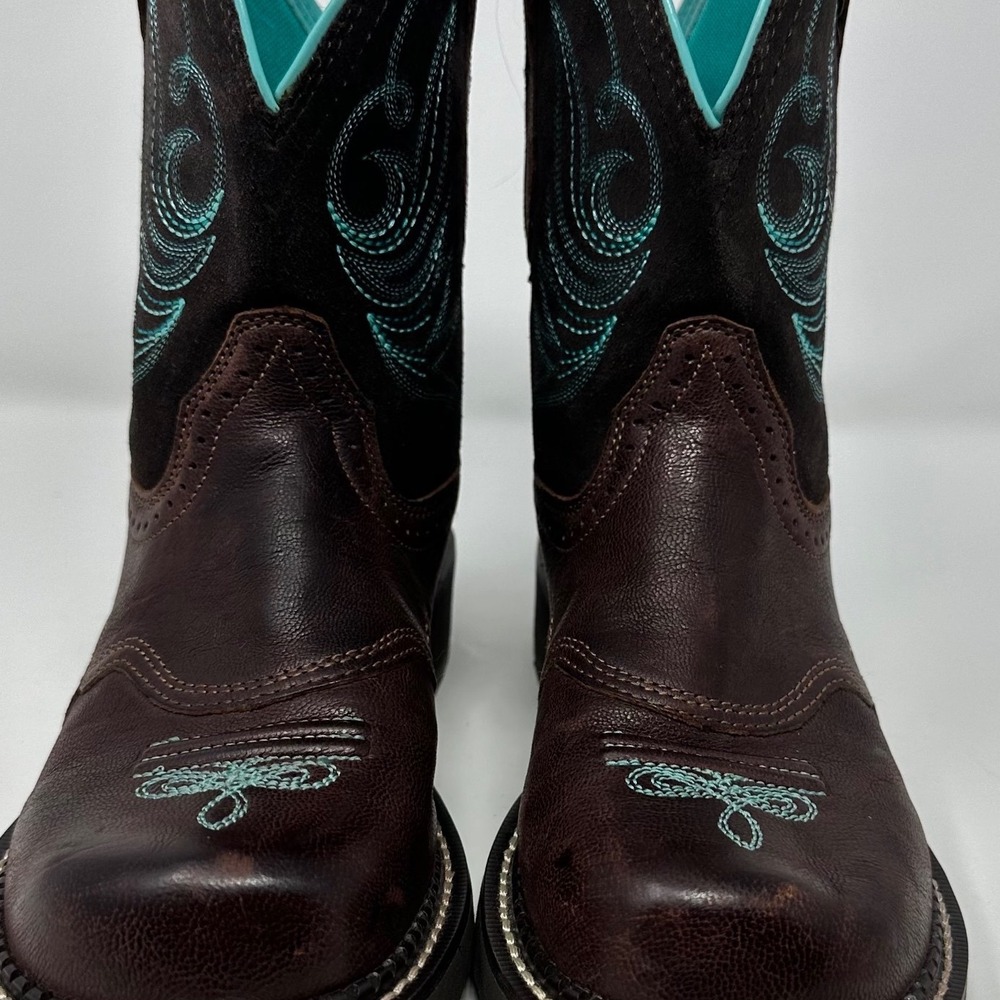 Ariat Brown Leather Western Ankle Boot with Teal Stitching - Picture 4 of 13